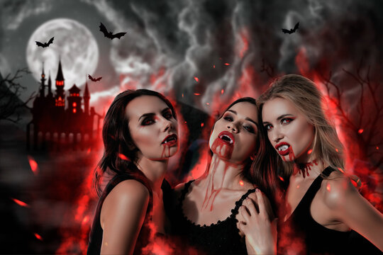 3d retro abstract creative artwork template collage of sexy vampire ladies ready bite you isolated painting background