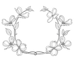 Frame with outline American dogwood or Cornus Florida flowers and leaves in black isolated on white background. 