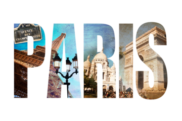 Photo collage letters PARIS, worrd P A R I S written with vintage photos, isolated on transparent background, png file