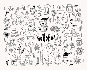 Big Christmas collection doodle. Santa Claus, gift, snowman, gingerbread house, christmas boot, toys, candies, mittens and sock, new year decor, skates, cinnamon. Isolated vector linear hand drawings