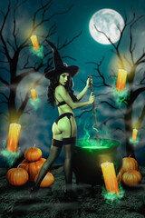 Creative 3d pinup pop collage artwork poster sketch of witch preparing magic poison celebrate...