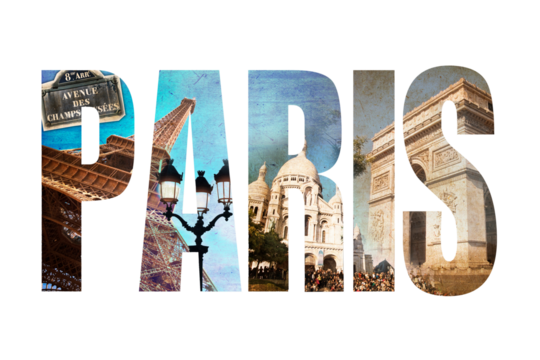 Photo collage letters PARIS, worrd P A R I S written with vintage photos, isolated on transparent background, png file