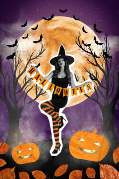 Photo sketch graphics artwork picture of sexy witch holding halloween letter flags isolated drawing background