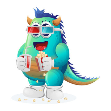 Cute blue monster watching movie with holding soda and popcorn