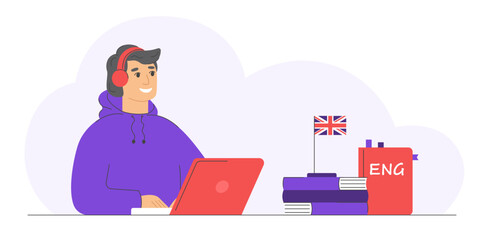 Distance learning, online learning. Man using a laptop for learning a foreign language. Cartoon smiling man learning english. 