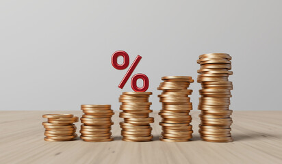 Interest rate and rising inflation concept. Red percentage symbol with a stack of coins. 3D Rendering