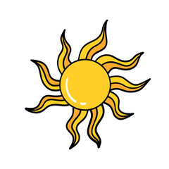 Hand Drawn Vector Sun Isolated on White Background Creative Doodle Style Cool Sun Rays. Cool Hand Drawn Cartoon Sun. Summer Time Design Element. Vector Sun Sticker Design for Website or Print