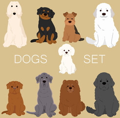 Set of flat colored cute and simple dogs sitting in front view