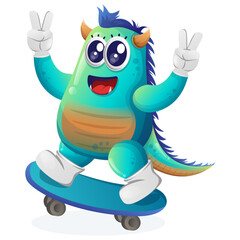 Cute blue monster playing skateboard, skateboarding