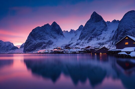 View on the house in the Hamnoy village, Lofoten Islands, Norway. Landscape in winter time during blue hour. Mountains and water. Travel image