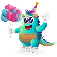 Cute blue monster wearing a birthday hat, holding balloons