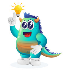Fototapeta premium Cute blue monster got an idea, bulb idea, inspiration