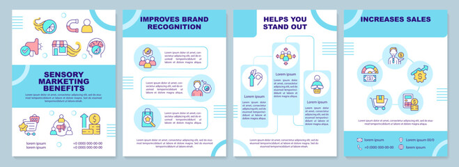 Sensory marketing benefits cyan brochure template. Stand out. Leaflet design with linear icons. Editable 4 vector layouts for presentation, annual reports. Arial-Black, Myriad Pro-Regular fonts used - obrazy, fototapety, plakaty