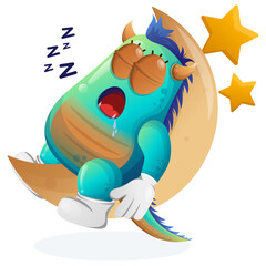 Fototapeta premium Cute blue monster sleeping, sleeping on the moon