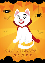 Orange background poster for Halloween white cat with vampire fangs