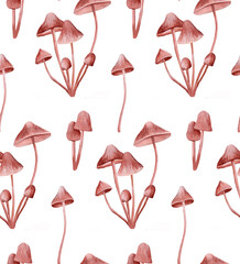 Fairy toadstool mushroom pattern. Woodland grebe background. Magic fall dabchick