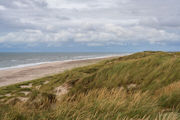 Fototapeta na wymiar North sea at nymindegab strand near the ringkøbing fjord with dunes at high tide