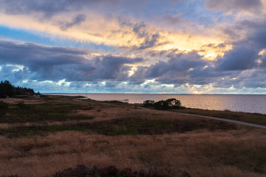 Ringk&oslash;bing Fjord lake near skaven strand, bork havn at sunset with shore and lake, grass, trees and heather flowers