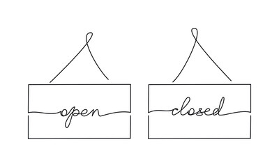 Hand drawn shop signs with lettering Open Closed. Calligraphic text icon for banner, flyer, sign, showcase design, retail shop, outlet. Shopping concept.