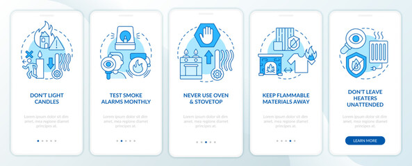 Fire protection rules blue onboarding mobile app screen. Precautions walkthrough 5 steps editable graphic instructions with linear concepts. UI, UX, GUI template. Myriad Pro-Bold, Regular fonts used