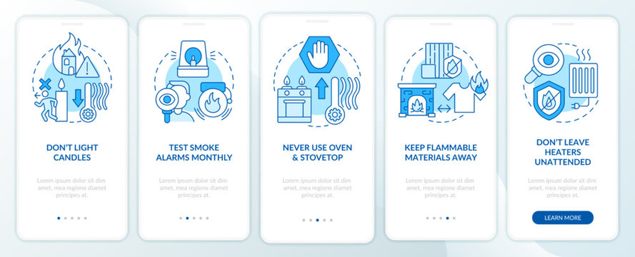 Fire protection rules blue onboarding mobile app screen. Precautions walkthrough 5 steps editable graphic instructions with linear concepts. UI, UX, GUI template. Myriad Pro-Bold, Regular fonts used
