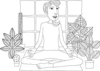 A woman meditating or doing yoga or Pilates. An illustration in an original abstract cubist flat modern cartoon style. - obrazy, fototapety, plakaty