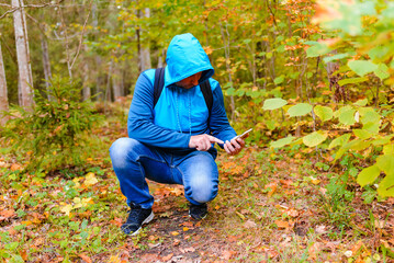Man hiker got lost in a autumn forest and catches a mobile network on a phone.Tourist looking for a cellular connection on a hike.Travel Technology concept.