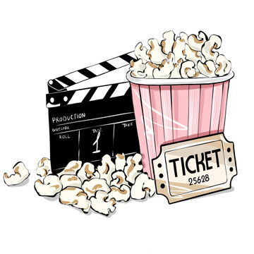 Illustration of pink bucket of popcorn, cinema ticket and black clapper. Great for advertising poster, cinema theatre flyer.
