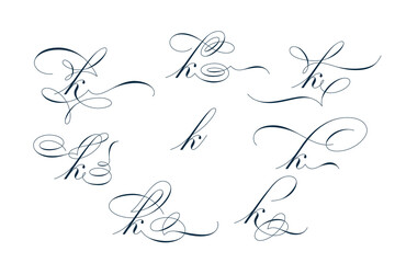 Set of beautiful calligraphic flourishes on letter k isolated on white background for decorating text and calligraphy on postcards or greetings cards. Vector illustration.