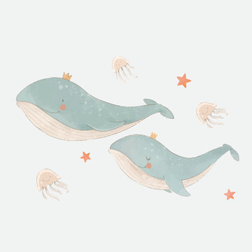 Beautiful vector baby clip art composition with cute watercolor whales jellyfish and stars. Children stock illustration.