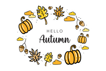 Hand Drawn Vector Creative Hello Autumn Card Design Isolated on White Background Autumn Dry Leaves, pumpkins, acorns and clouds Can be used in website or for prints Doodle style autumn design elements