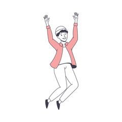 Happy Man Character Jumping with Raised Hands Excited with Something Vector Illustration