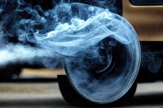 Blue exhaust smoke. Car engine smoking. Smoking exhaust pipe, closeup. Car with gasoline or diesel engine. Engine warming up at idle in winter season