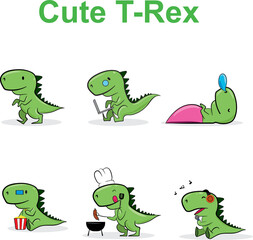 six cute dinosaur t-rex poses vector drawing illustration