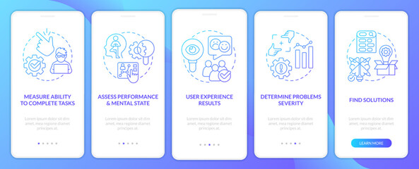 Usability test objectives blue gradient onboarding mobile app screen. Assess walkthrough 5 steps graphic instructions with linear concepts. UI, UX, GUI template. Myriad Pro-Bold, Regular fonts used