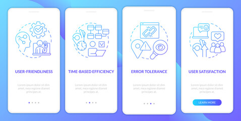User experience metrics blue gradient onboarding mobile app screen. Usability walkthrough 4 steps graphic instructions with linear concepts. UI, UX, GUI template. Myriad Pro-Bold, Regular fonts used