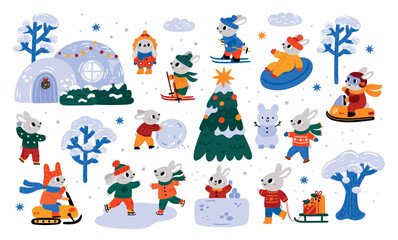 Cute bunny, rabbits characters. New Year celebration bunny, hare. Winter city with cute animals vector illustration. Baby rabbits in different poses. Kids winter decoration
