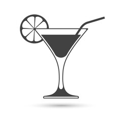 Icon of wine glass with slice of lemon and straw isolated on white background.