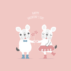 cute and lovely hand drawn couple french bulldog pug holding flower, happy valentine's day, love concept, flat vector illustration cartoon character costume design
