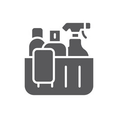 Basket for cleaning with detergents pictogram icon. linear style sign for mobile concept and web design. Household cleaning products pictogram vector icon. Symbol, logo illustration. Vector graphics