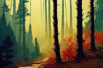 A trail in the forest. Forest trail view. Larch forest scene. Trail in autumn forest