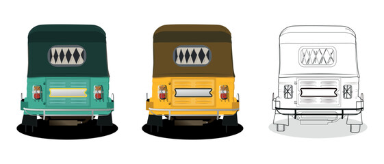 Set of yellow and green auto rickshaw back view illustrations in India.