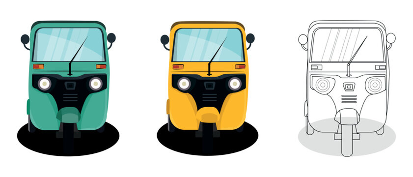 Set of yellow and green auto rickshaw front view illustrations in India.