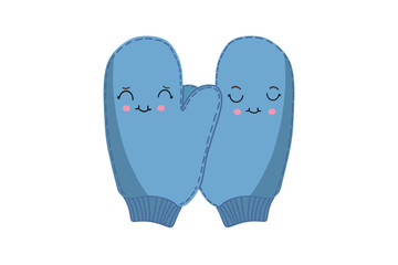 Blue knitted flat mittens with cute emoticons. Isolated vector.