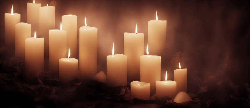All Souls Day,All Saints Day Backdrop. Lit Candles, Gloomy Concept And Creative Background. Digital Art Illustration