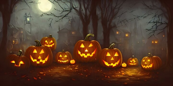 A Group Of Jack O Lantern Pumpkins In A Forest, Beautiful Background. Concept Illustration.
