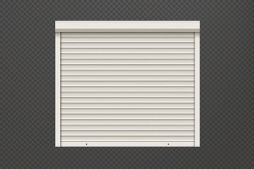 White closed roller shutter door with realistic texture. Metal protect system for shops and stores. Vector illustration of steel gate of garage, house or warehouse. Roller up blinds.