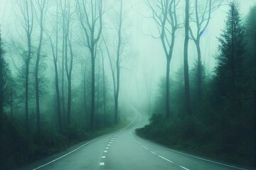 Road in foggy forest in rainy day in spring. Beautiful mountain curved roadway, trees with green foliage in fog and overcast sky. Landscape with empty asphalt road through woods in summer. Travel