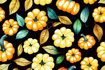 Seamless watercolor pattern with blue pumpkins and pumpkin leaves on a white background Autumn harvest Design for wrapping paper fabric gifts backgrounds wallpapers and more