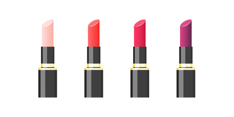 Makeup cosmetics set. Cartoon illustration of four lipstick tubes isolated on a white background. Vector 10 EPS.